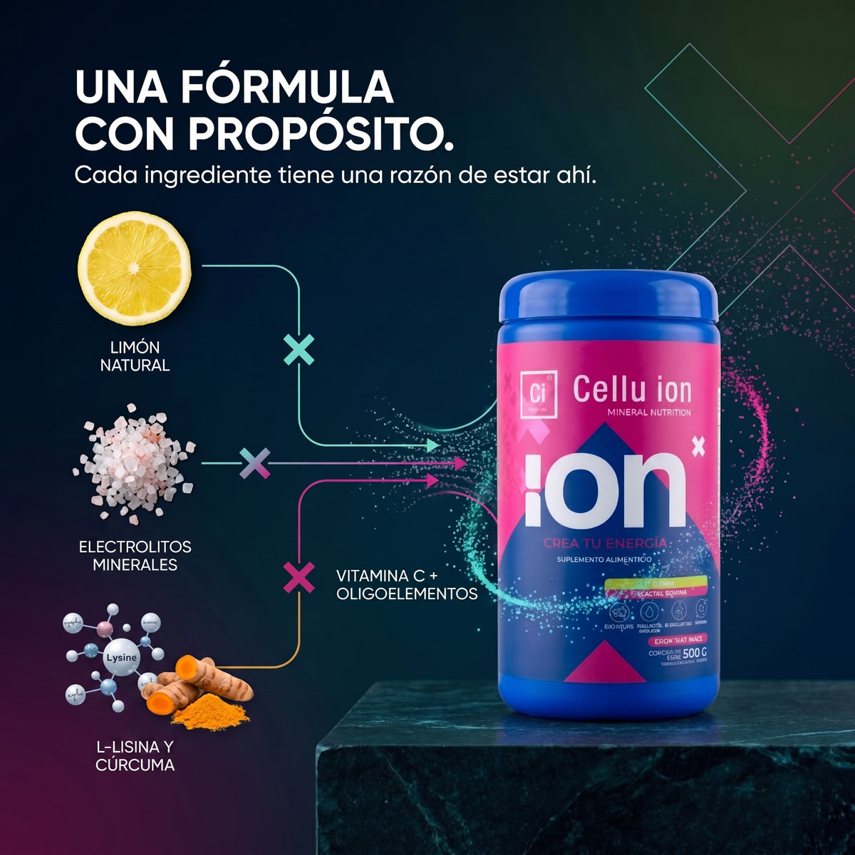 Fórmula ION X Cellu Ion con limón, electrolitos, vitamina C, L-lisina y cúrcuma