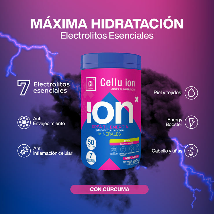 Cellu ion | Curcuma + L-lisina | Polvo para bebida isotónica que nutre e hidrata tu piel | Endulzado Miel De Abeja Orgánica Ni Edulcorantes Artificiales Sin Cafeína - Sabor Limón | 50 Porciones 500g