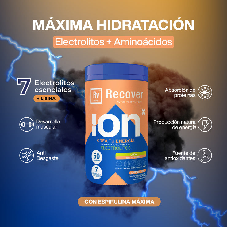 Recover, Post Workout Con 7 Electrolitos Esenciales + Espirulina + L-lisina | Sabor Limón con Miel Orgánica | Suplementos Gym Sin Edulcorantes Artificiales Sin Cafeína | 50 Porciones 500g | Importante: Una Vez Abierto Refrigerar y Cerrar Bien!
