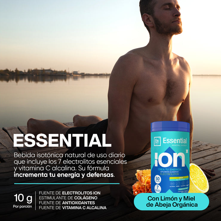 Essential, 7 Electrolitos Esenciales en Polvo + Vitamina C | Endulzado Miel De Abeja Orgánica Ni Edulcorantes Artificiales Sin Cafeína - Sabor Limón | 50 Porciones 500g | Importante: Una Vez Abierto Refrigerar y Cerrar Bien!