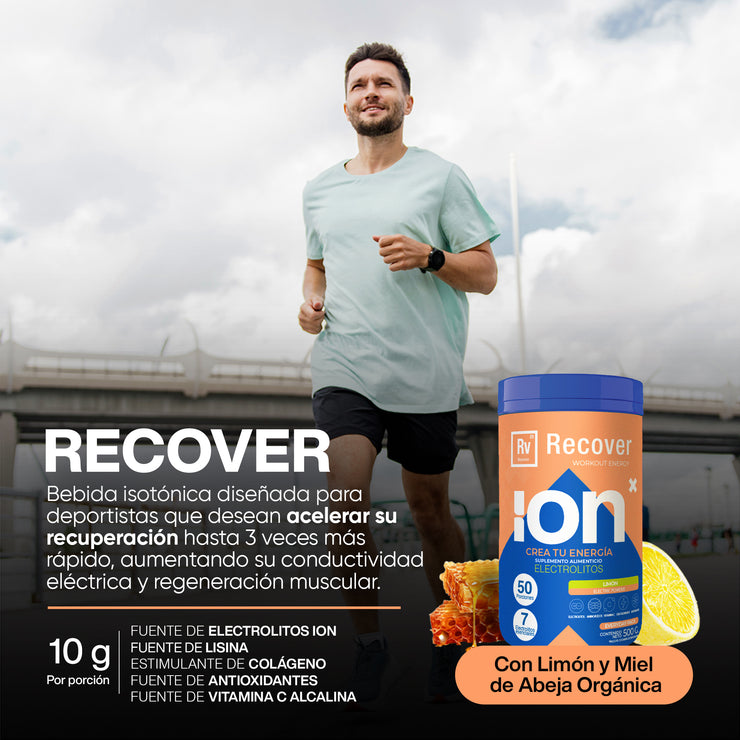Recover, Post Workout Con 7 Electrolitos Esenciales + Espirulina + L-lisina | Sabor Limón con Miel Orgánica | Suplementos Gym Sin Edulcorantes Artificiales Sin Cafeína | 50 Porciones 500g | Importante: Una Vez Abierto Refrigerar y Cerrar Bien!