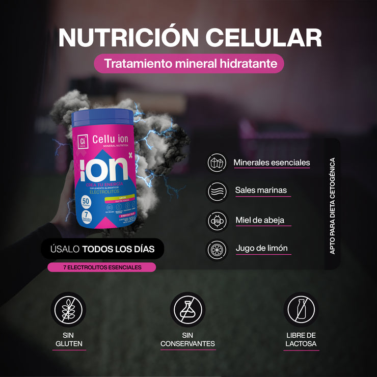 Cellu ion | Curcuma + L-lisina | Polvo para bebida isotónica que nutre e hidrata tu piel | Endulzado Miel De Abeja Orgánica Ni Edulcorantes Artificiales Sin Cafeína - Sabor Limón | 50 Porciones 500g